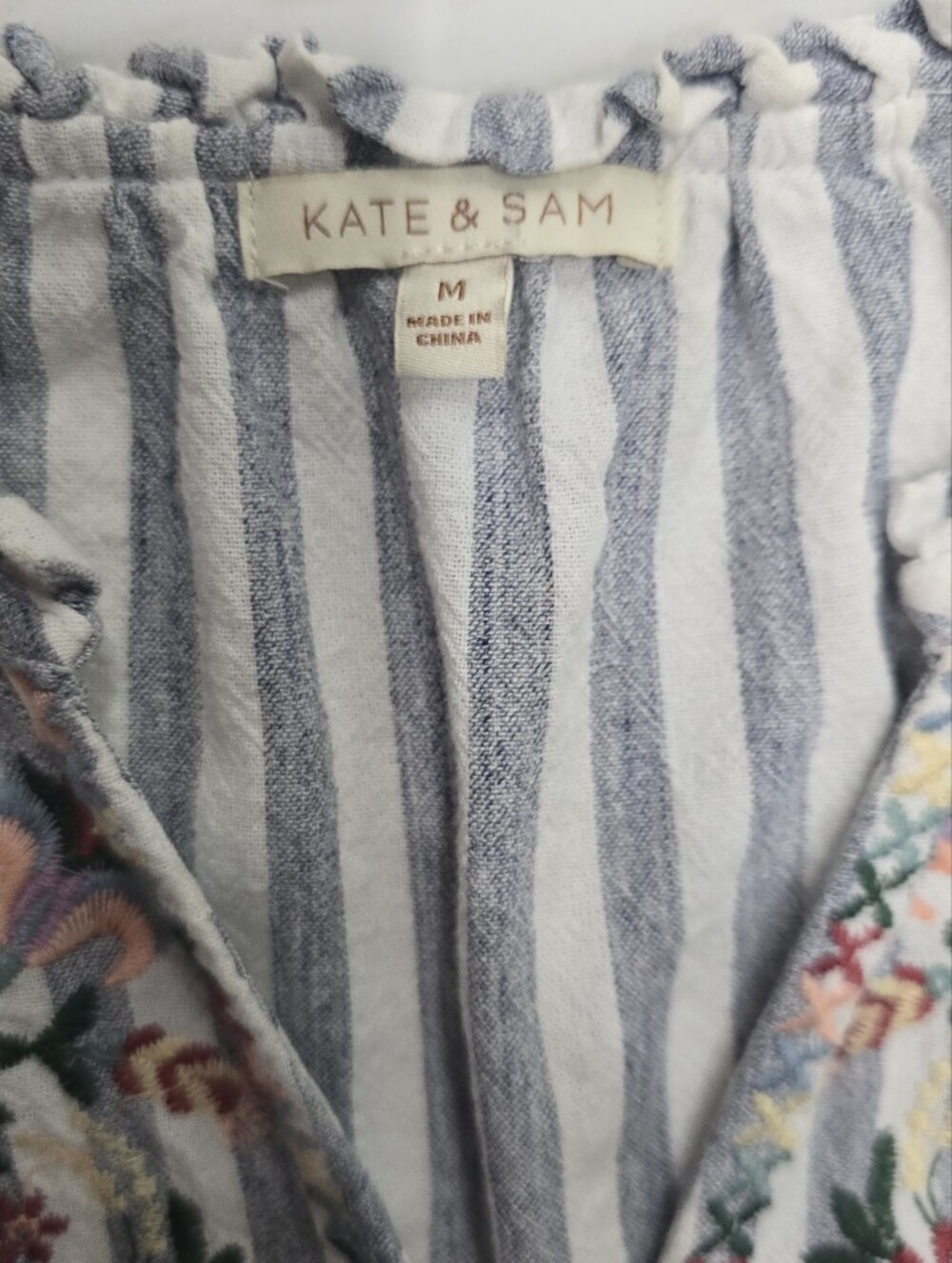 Striped Floral Embroidered Blouse Boho Peasant Cottagecore Coastal M - Picture 6 of 8
